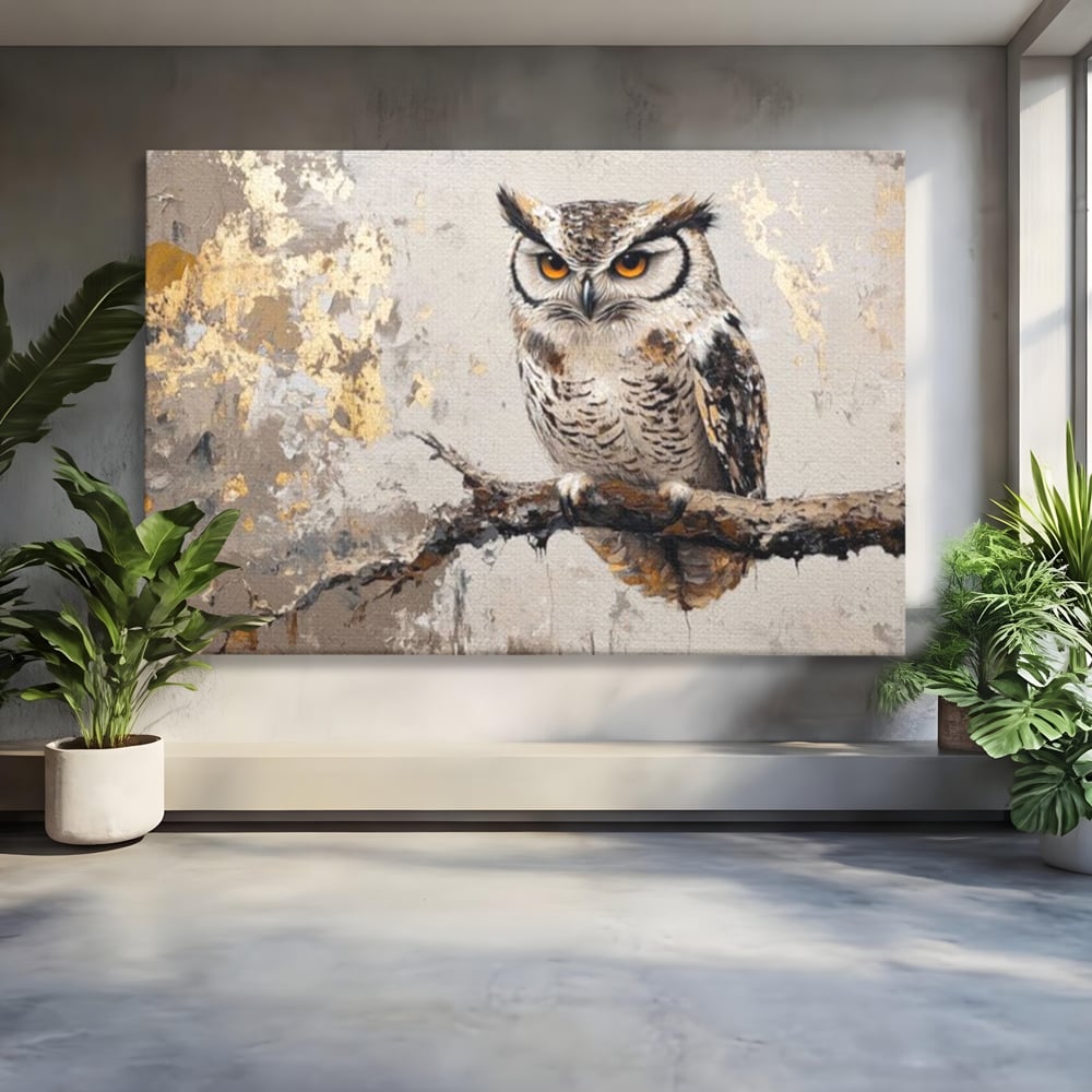 Tablou canvas cu tablou canvas cu bufnita pe ramura, fara rama, pe sasiu de lemn